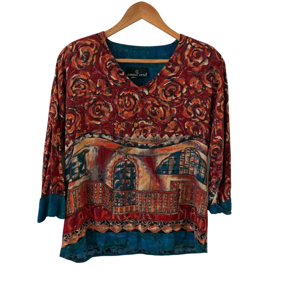 Vintage Carole Little Abstract Tunic Top Womens 4 Rayon Art to Wear Aztec